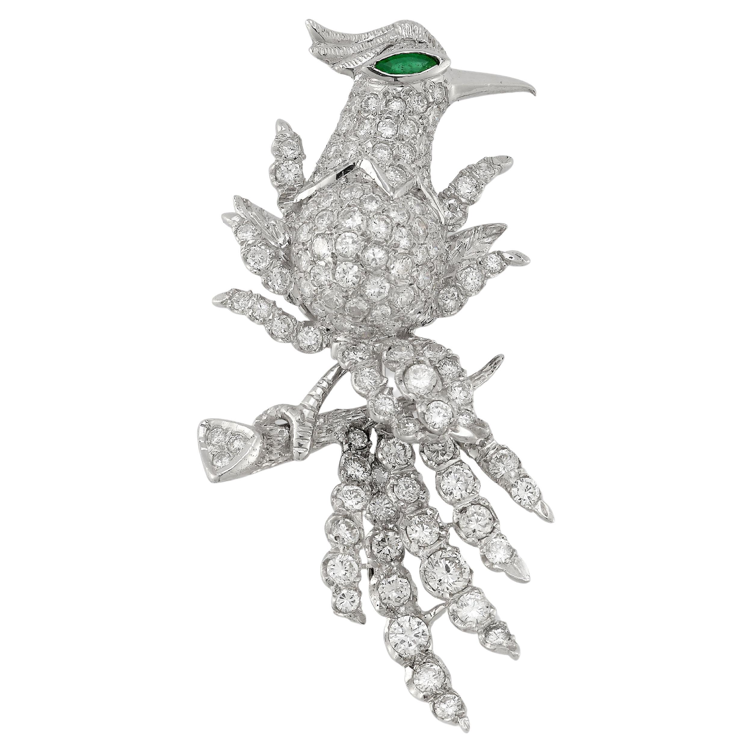 Diamond & Emerald Bird Brooch For Sale