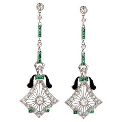 Diamond Emerald Black Enamel Gold Dangle Drop Earrings