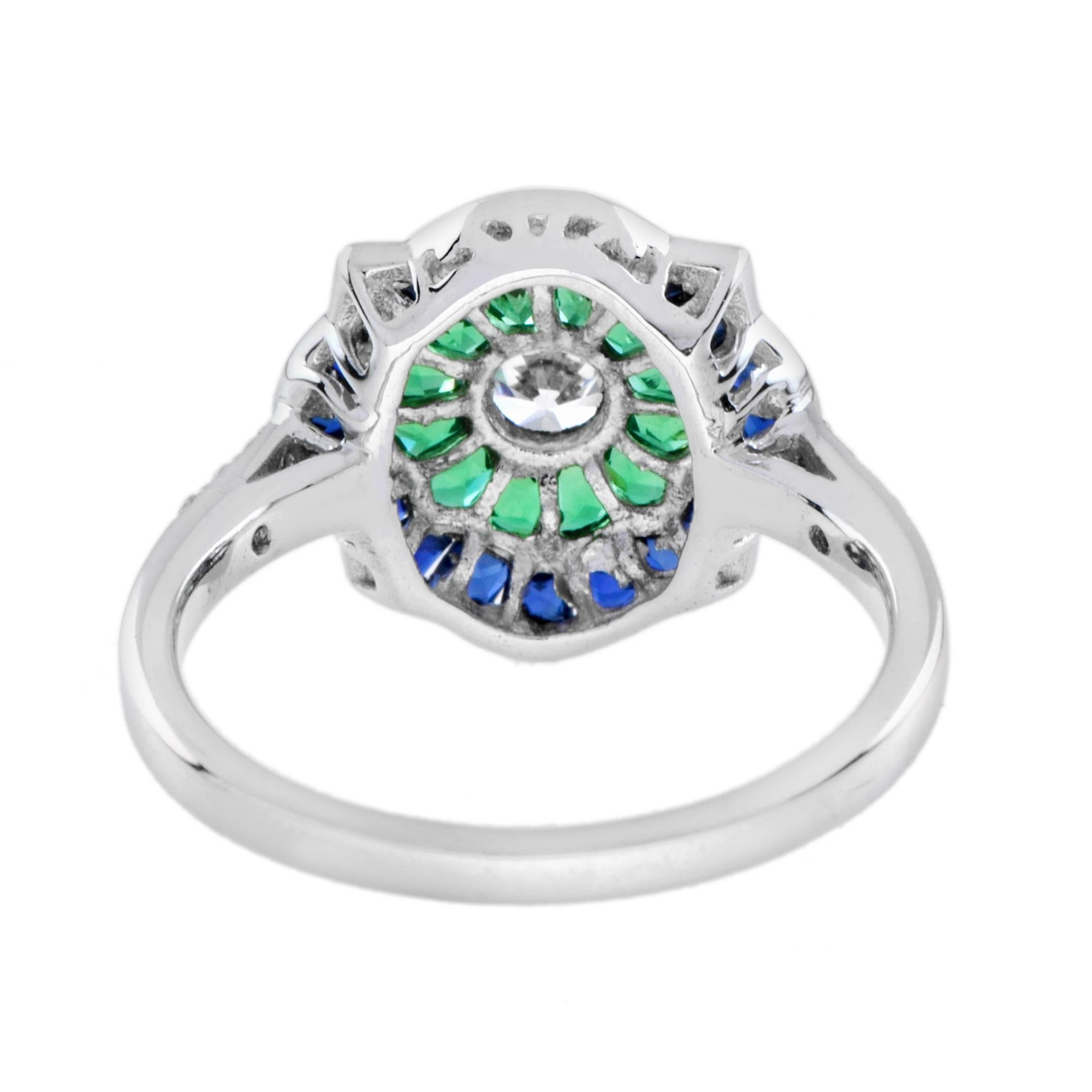 Art déco Bague de fiançailles en or blanc 14K, diamant et saphir bleu émeraude, style art déco en vente