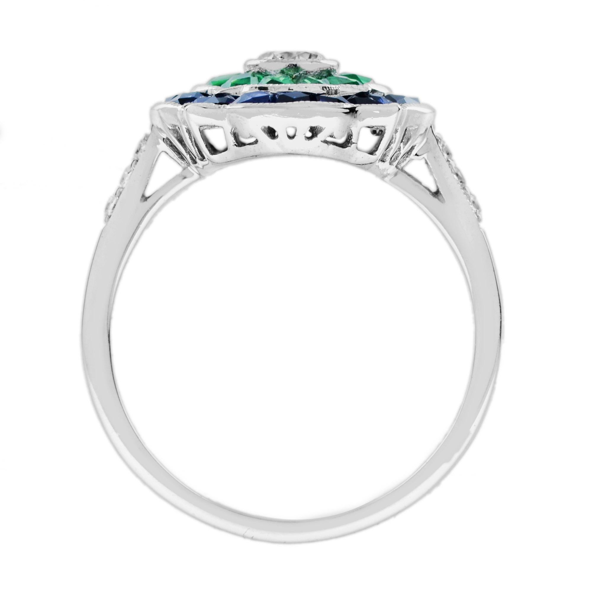 Taille ronde Bague de fiançailles en or blanc 14K, diamant et saphir bleu émeraude, style art déco en vente