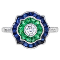 Bague de fiançailles en or blanc 14K, diamant et saphir bleu émeraude, style art déco