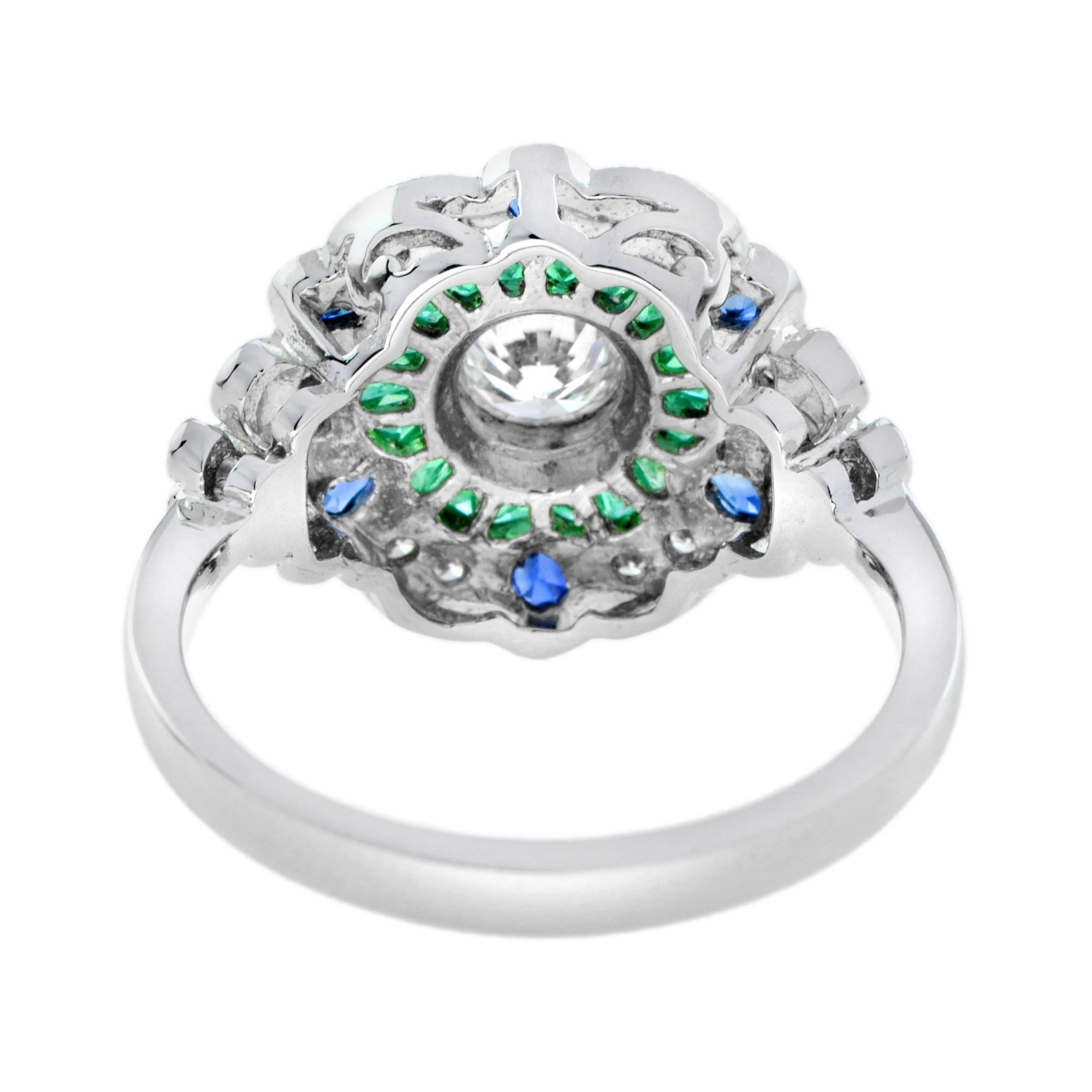 Anello con diamante, smeraldo e zaffiro blu in stile Art Deco con alone floreale in oro bianco 18 carati In condizioni Nuovo in vendita a Bangkok, TH