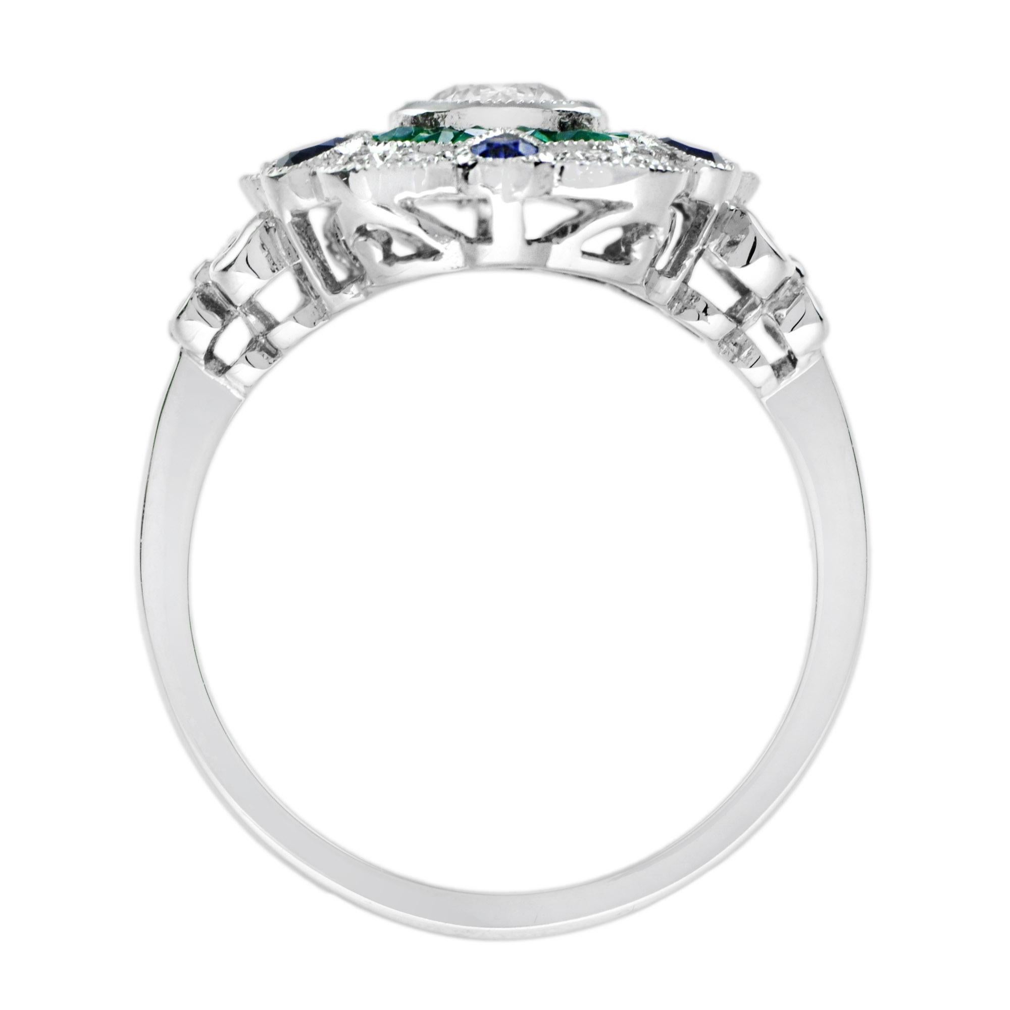 Donna Anello con diamante, smeraldo e zaffiro blu in stile Art Deco con alone floreale in oro bianco 18 carati in vendita
