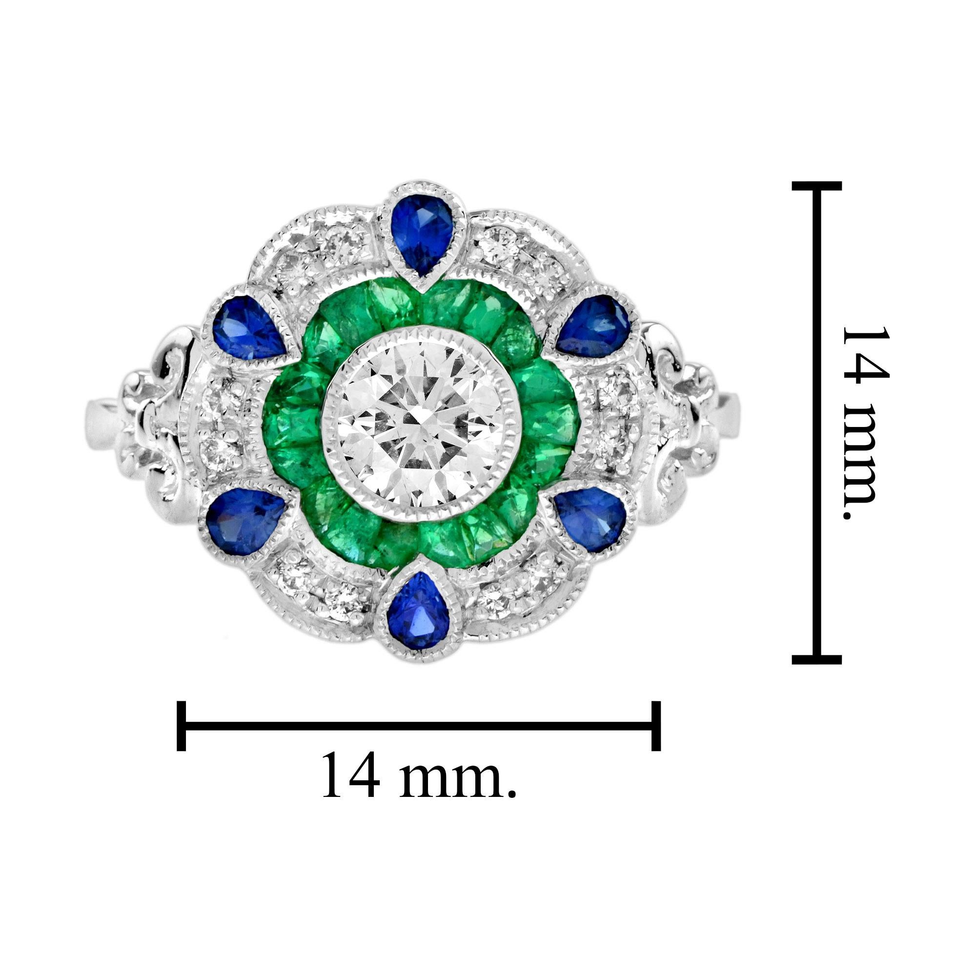 Anello con diamante, smeraldo e zaffiro blu in stile Art Deco con alone floreale in oro bianco 18 carati in vendita 1