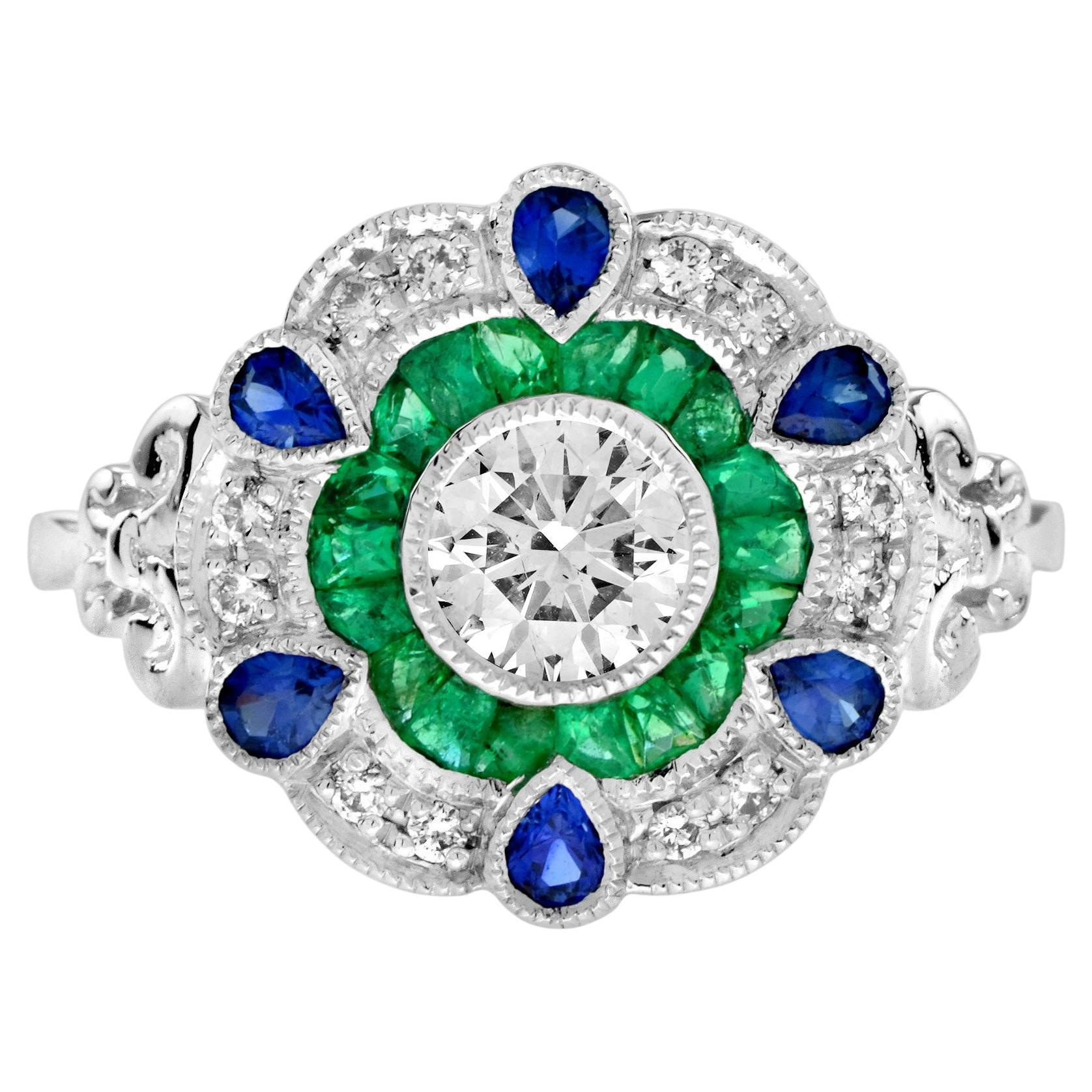 Diamant Smaragd Blauer Saphir Art Deco Stil Floral Halo Ring aus 18 Karat Weißgold mit Blumenmuster