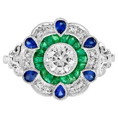 Diamant Smaragd Blauer Saphir Art Deco Stil Floral Halo Ring aus 18 Karat Weißgold mit Blumenmuster