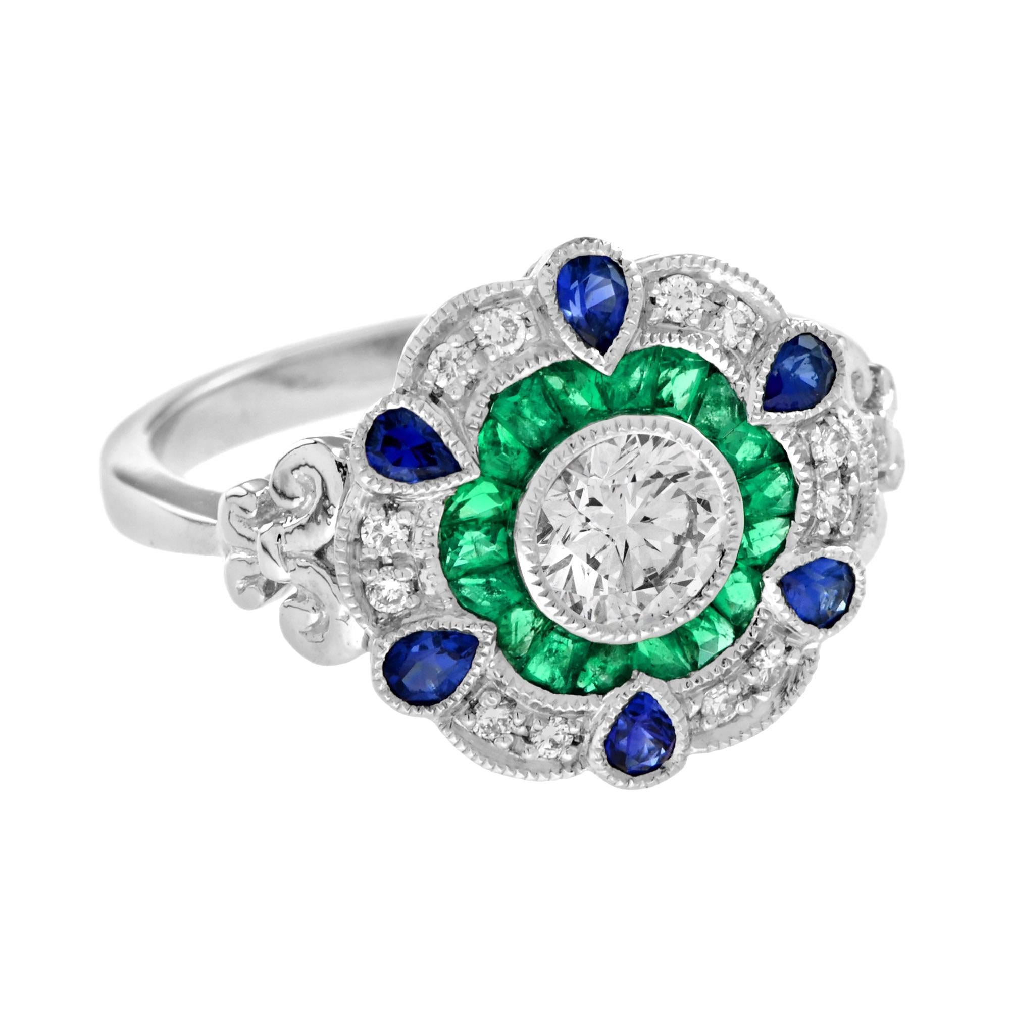 El Anillo Halo Floral Estilo Art Decó Zafiro Azul Esmeralda Diamante en Oro Blanco de 18 quilates es un cálido abrazo para tu dedo, que irradia elegancia atemporal. En su corazón hay un Diamante vivo, rodeado de Esmeraldas talla francesa en un