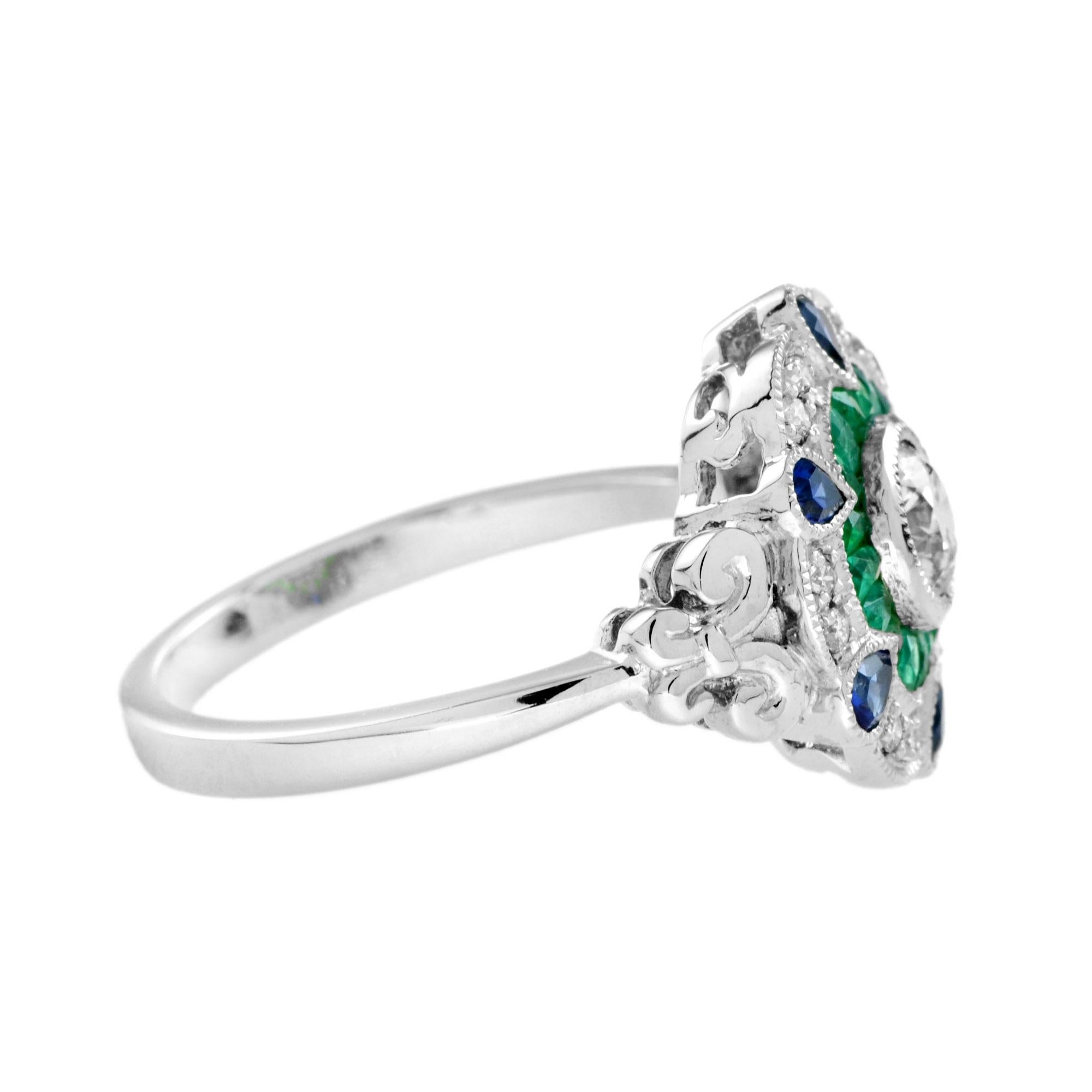 Anillo de oro blanco con halo floral estilo Art Decó de diamantes y zafiro azul esmeralda en Nuevo estado para la venta en Oakton, VA