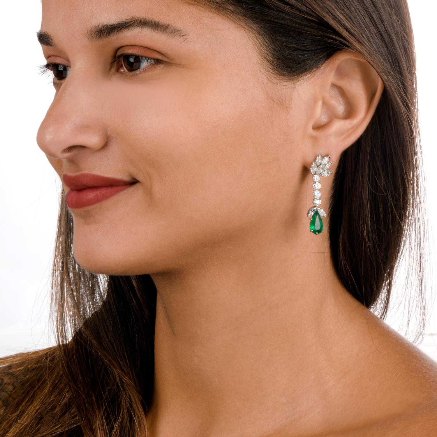 Art Deco Diamond Emerald Botanical Platinum Dangle Drop Screw-back Earrings
