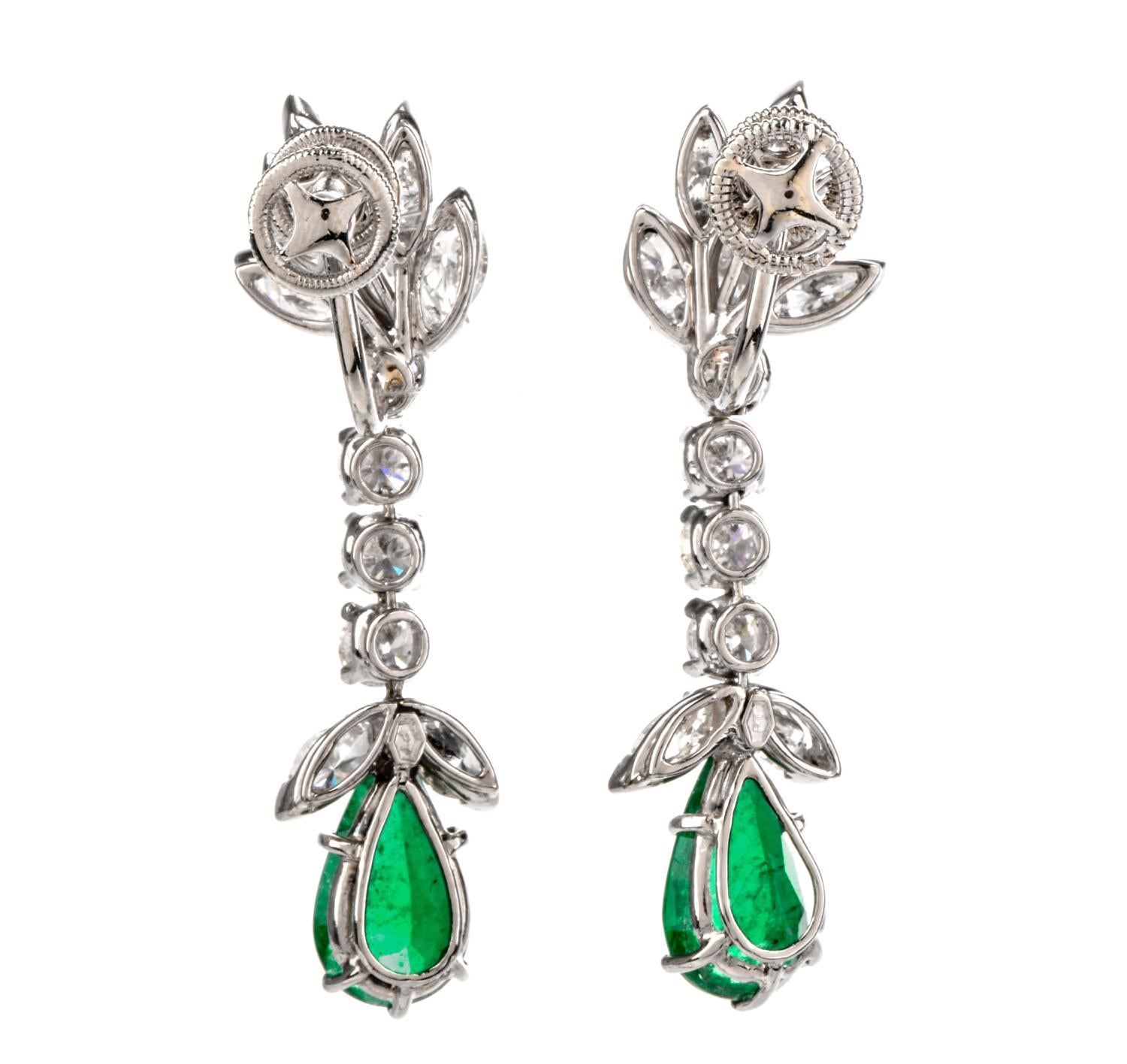 Diamond Emerald Botanical Platinum Dangle Drop Screw-back Earrings In Excellent Condition In Miami, FL