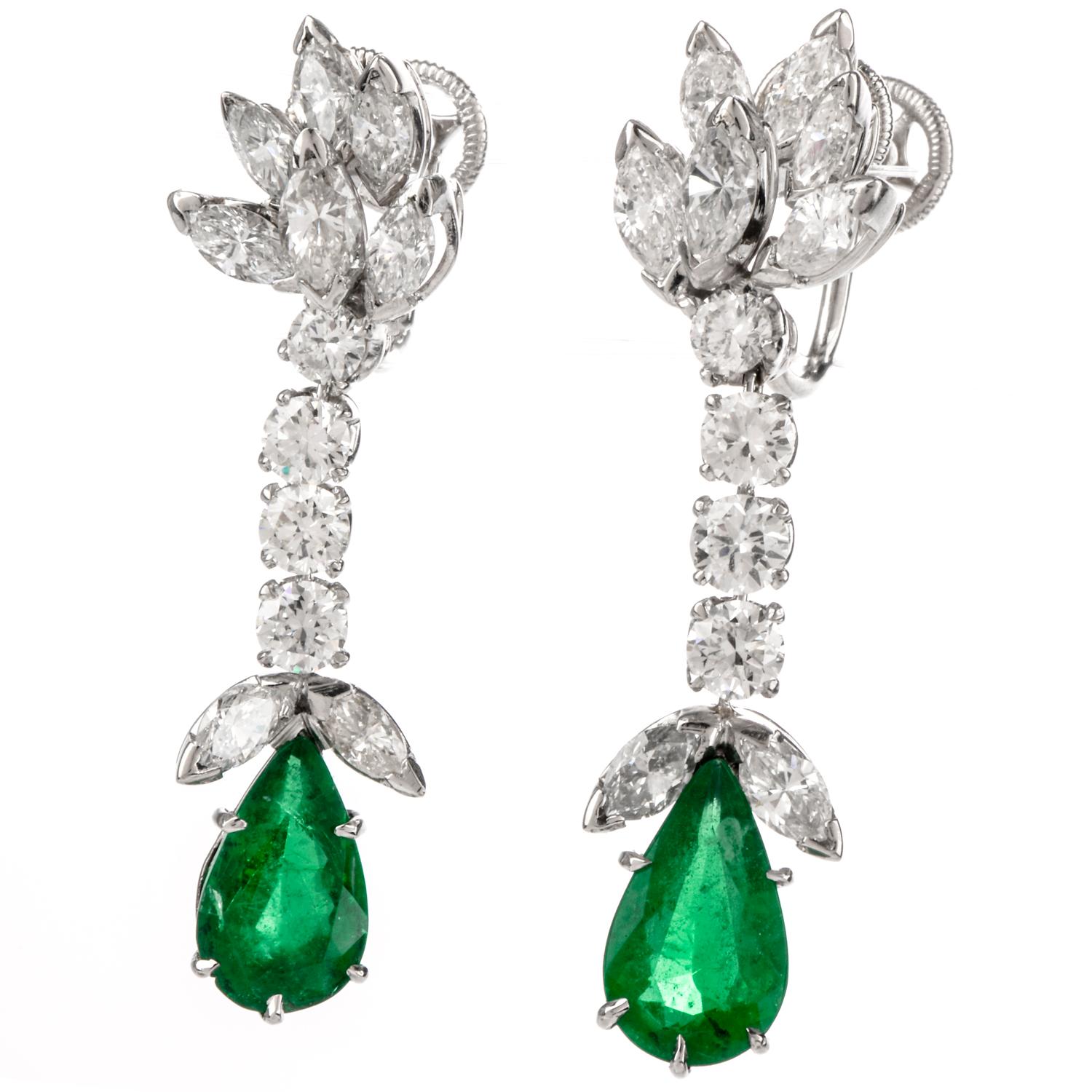 Women's Diamond Emerald Botanical Platinum Dangle Drop Screw-back Earrings