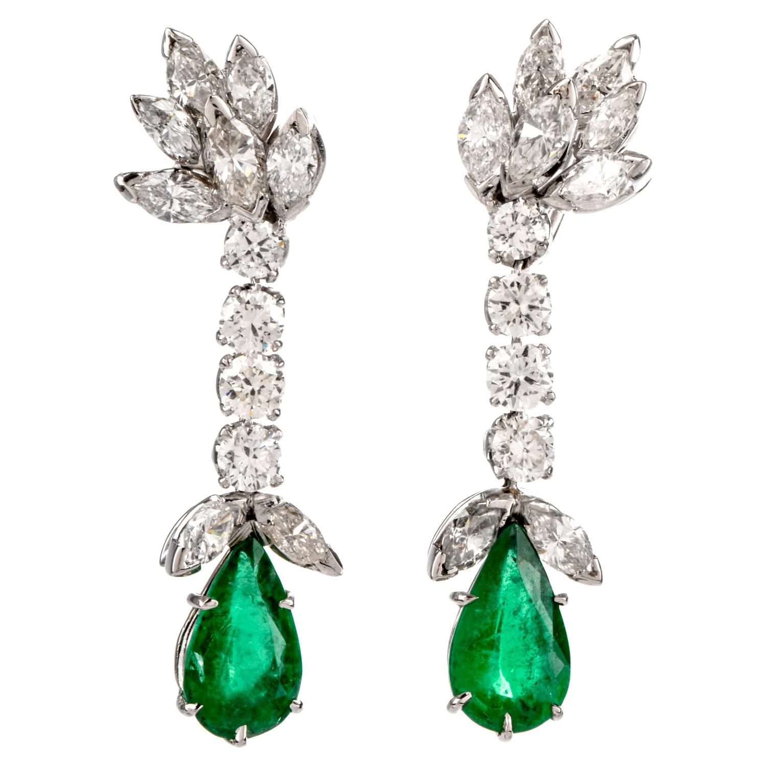 Diamond Emerald Botanical Platinum Dangle Drop Screw-back Earrings