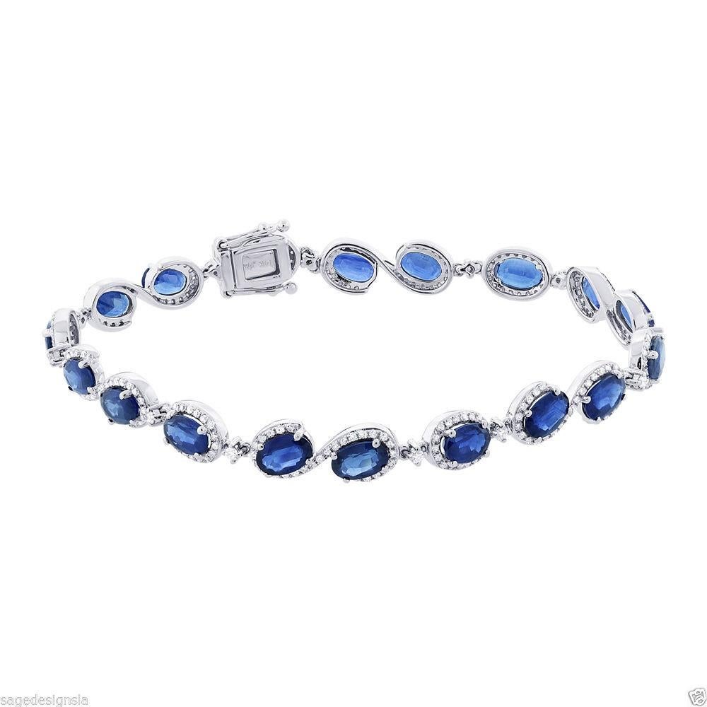 Art Deco Blue Sapphire Diamond Bracelet 18 Karat White Gold For Sale