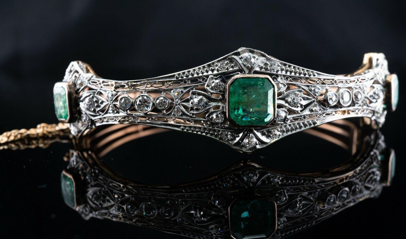 Diamond Emerald Bracelet Antique 14K Rose Gold Bangle 3