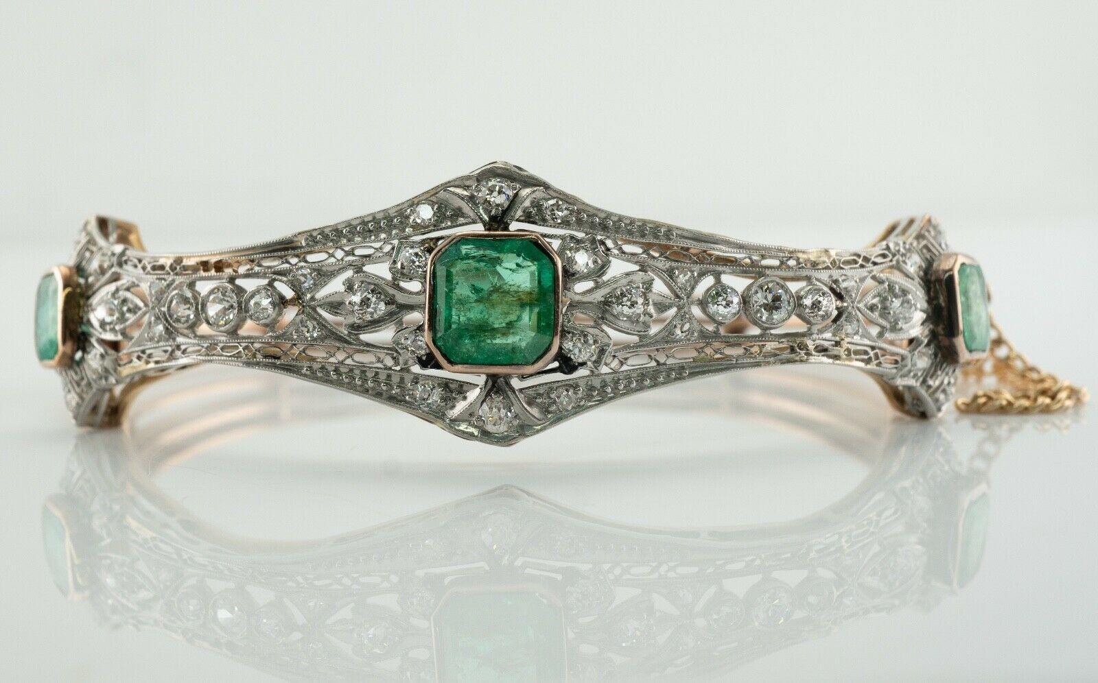 This antique bracelet is crafted in solid 14K Yellow Gold with a hint of Rose gold and White gold for the top (carefully tested and guaranteed).
Three natural Earth mined Emeralds measure 8x7.5mm for the center and 6.4x6mm / 6.2x5 for the two side