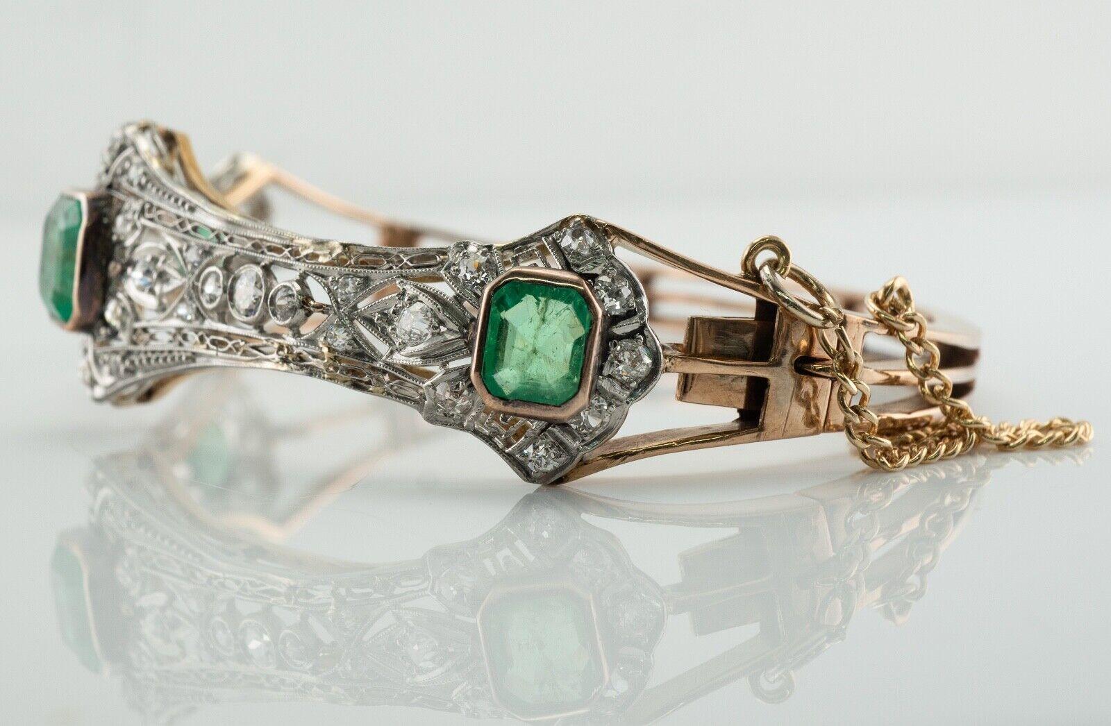 Square Cut Diamond Emerald Bracelet Antique 14K Rose Gold Bangle