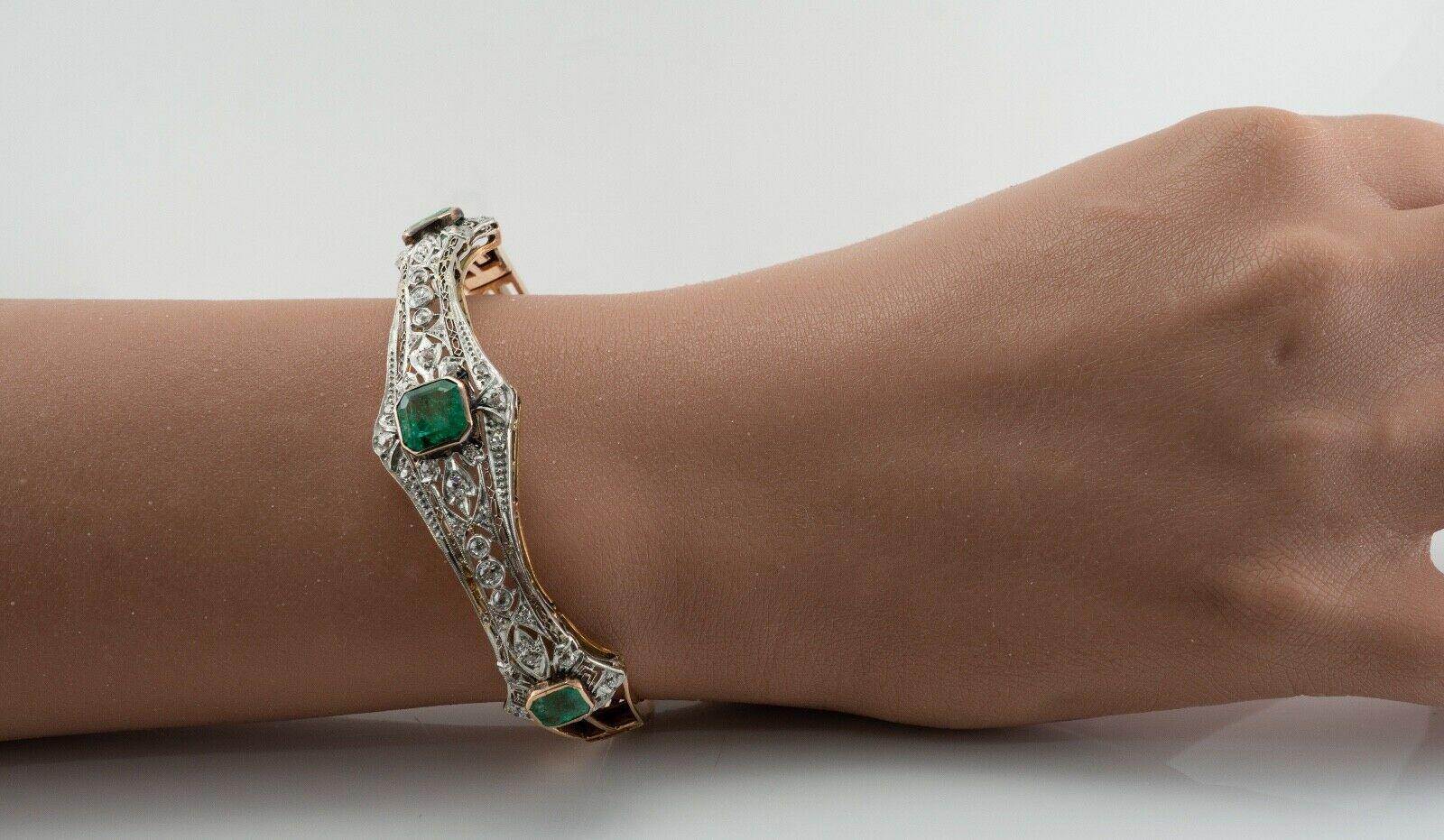 Diamond Emerald Bracelet Antique 14K Rose Gold Bangle In Good Condition In East Brunswick, NJ