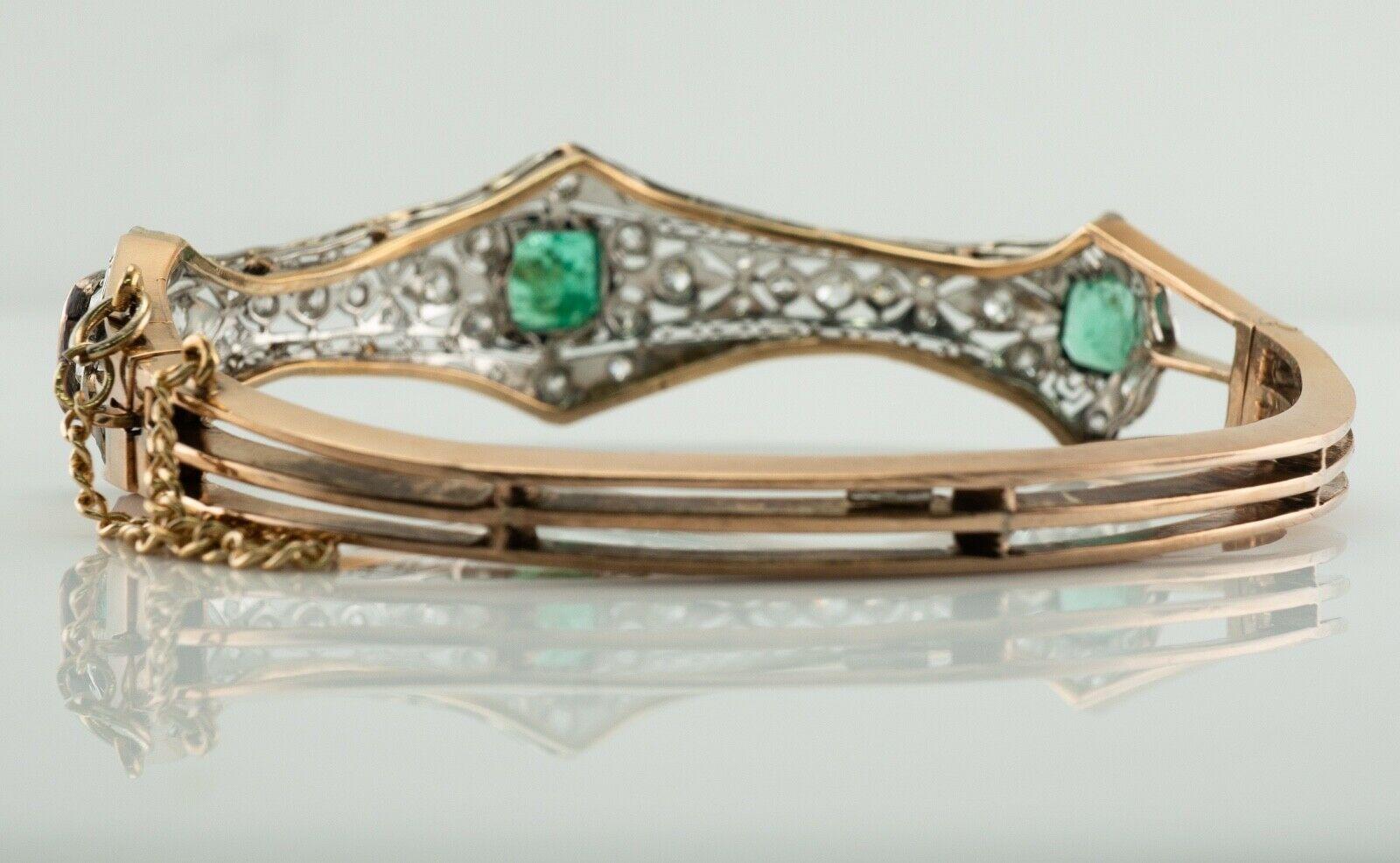 Women's Diamond Emerald Bracelet Antique 14K Rose Gold Bangle