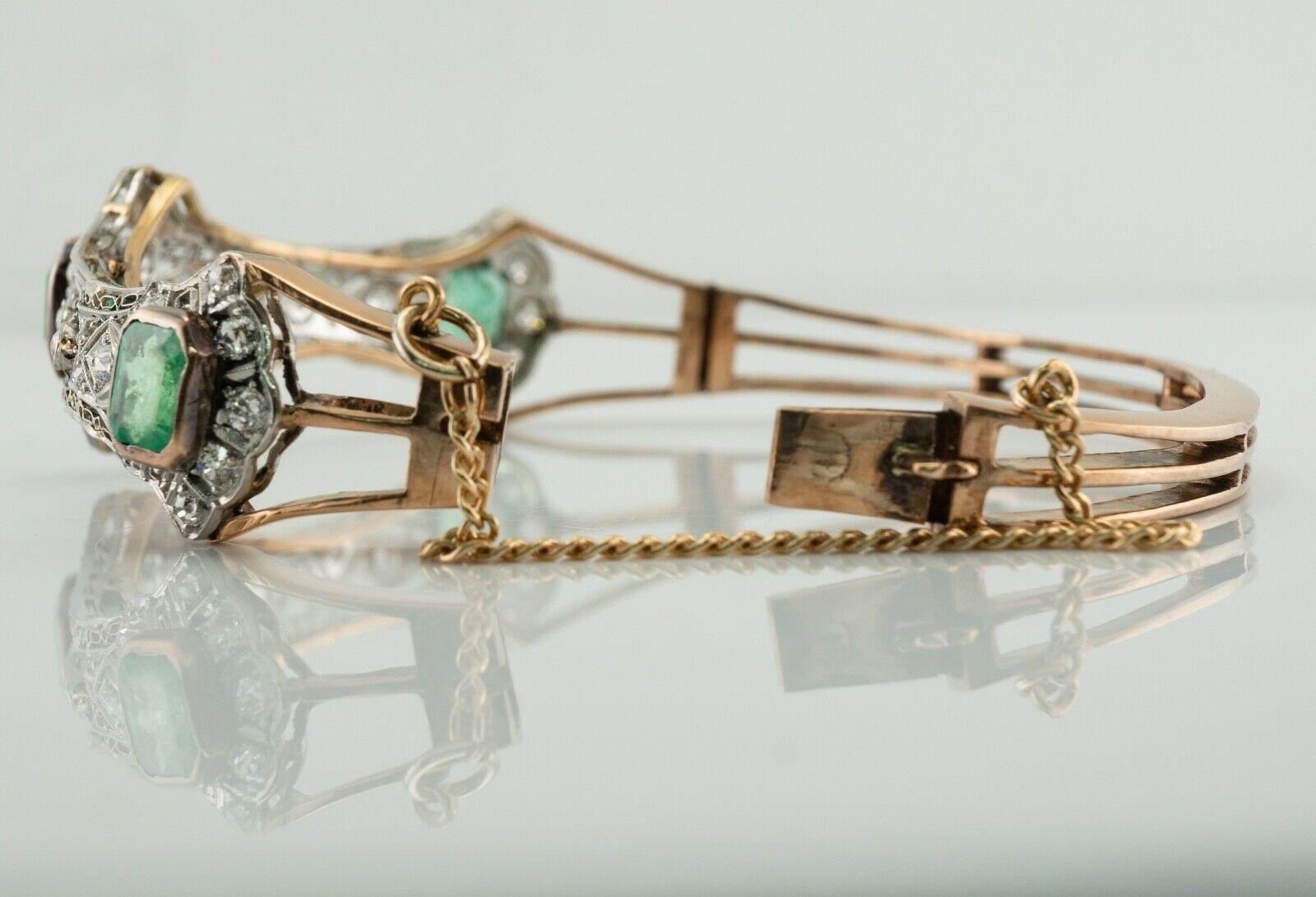 Diamond Emerald Bracelet Antique 14K Rose Gold Bangle 1
