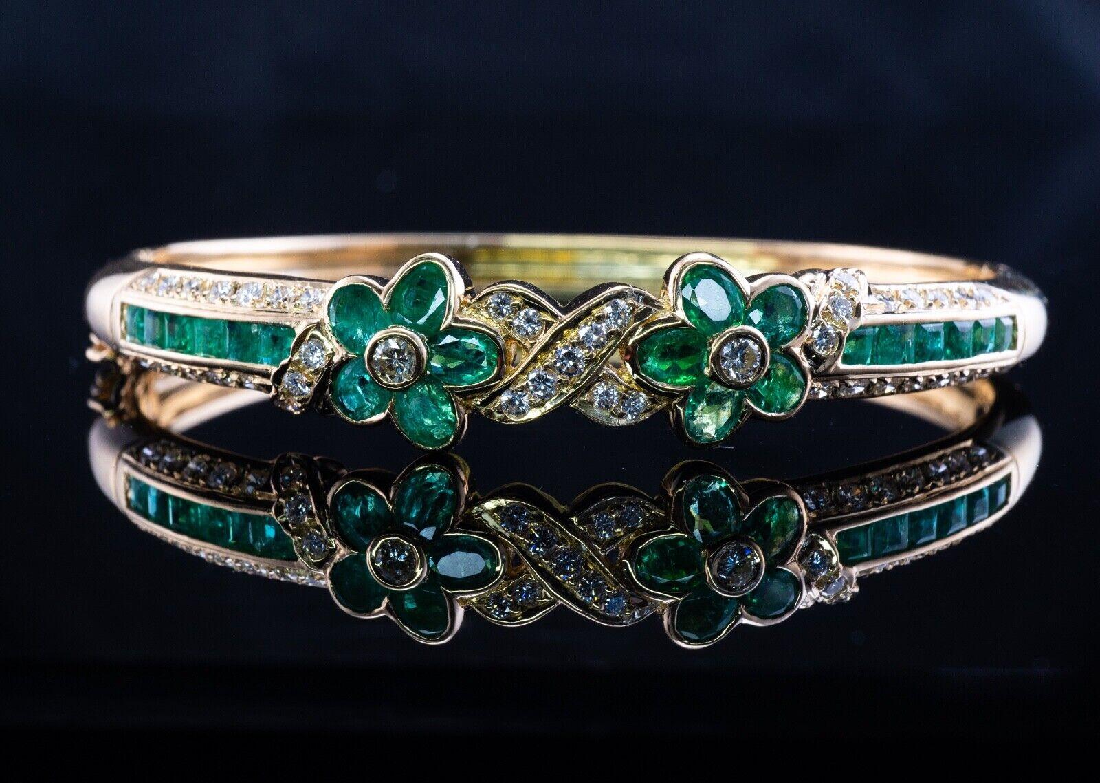 Oval Cut Diamond Emerald Bracelet Flower Bangle Vintage 18K Gold For Sale