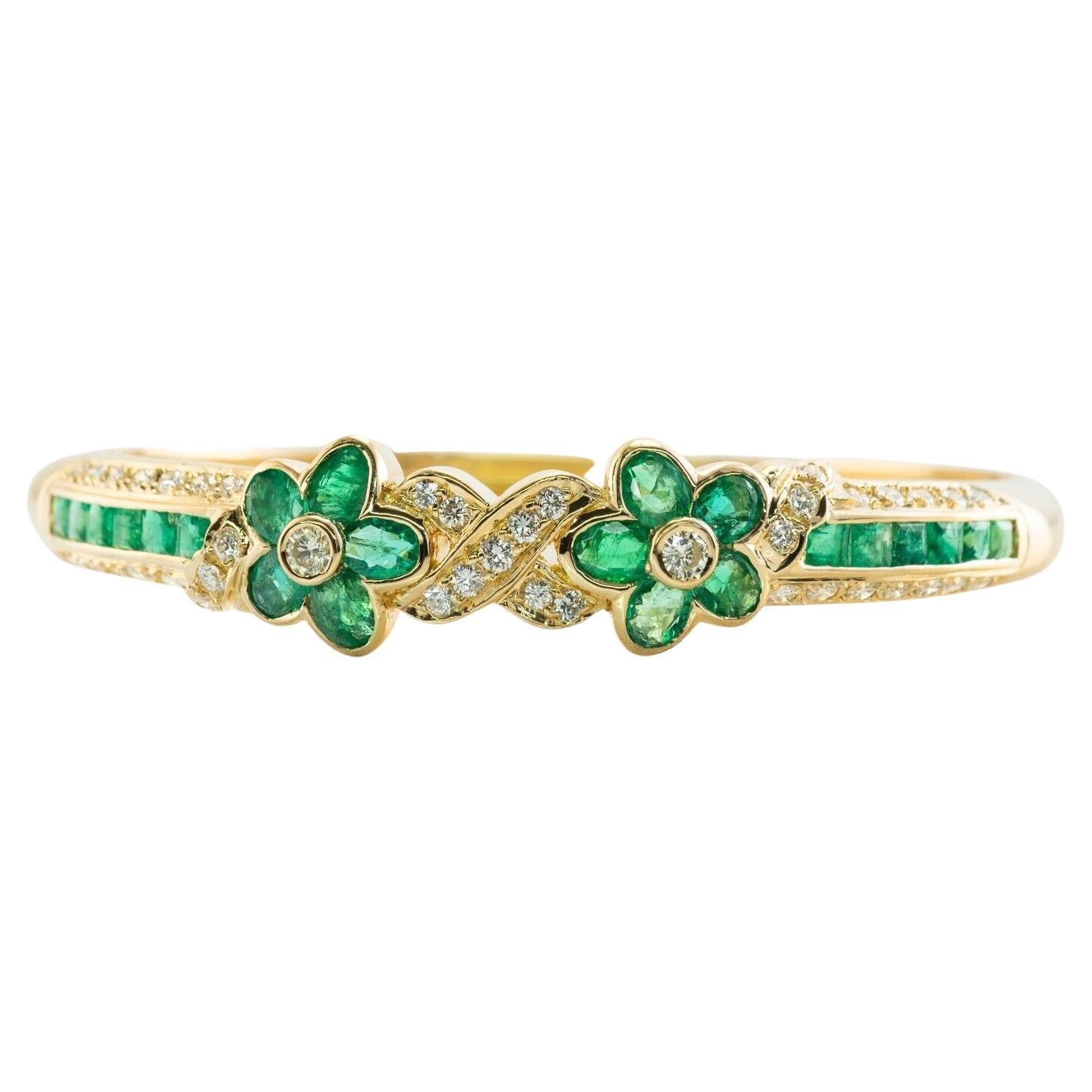 Bracelet jonc fleur vintage en or 18 carats avec diamants et émeraudes
