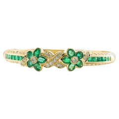 Diamond Emerald Bracelet Flower Bangle Vintage 18K Gold