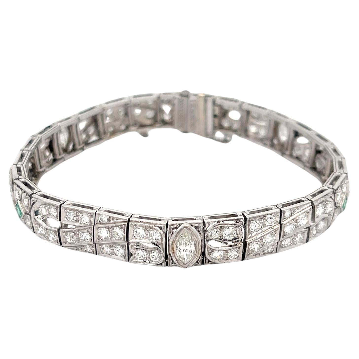 Diamond & Emerald Bracelet in Platinum For Sale