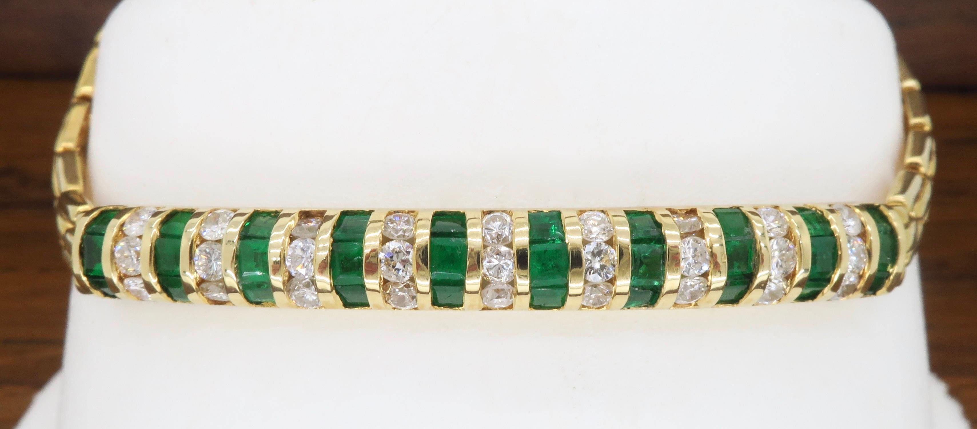 Diamond & Emerald bracelet with 1.25ctw of diamonds. 

Diamond Carat Weight: Approximately 1.25CTW
Diamond Cut: Round Brilliant Cut Diamonds
Color: Average F-H
Clarity: Average VS-SI
Metal: 14k yellow gold
Marked/Tested: Stamped  “14K”
Weight: 9.7