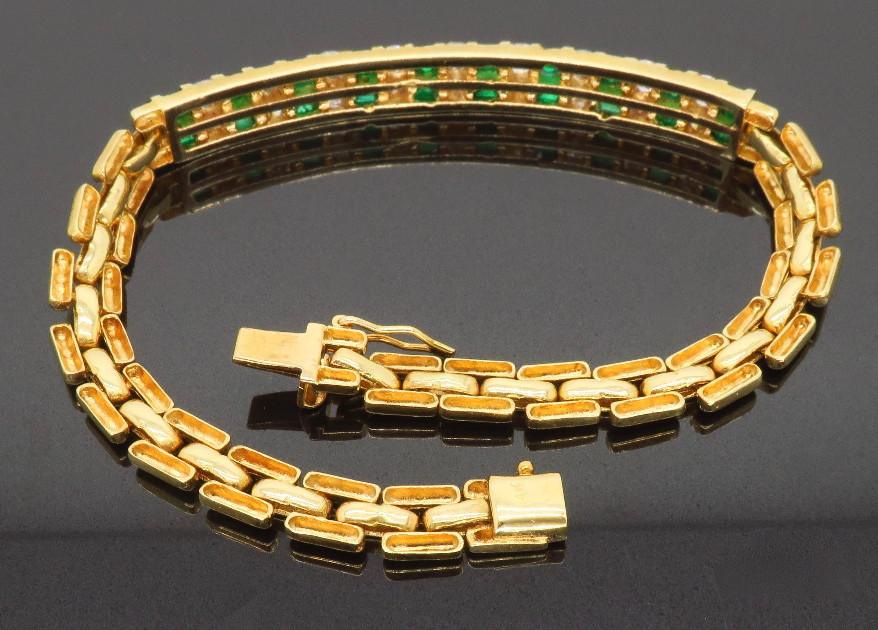 Women's or Men's Diamond and Emerald Bracelet Made in 14 Karat Yellow Gold