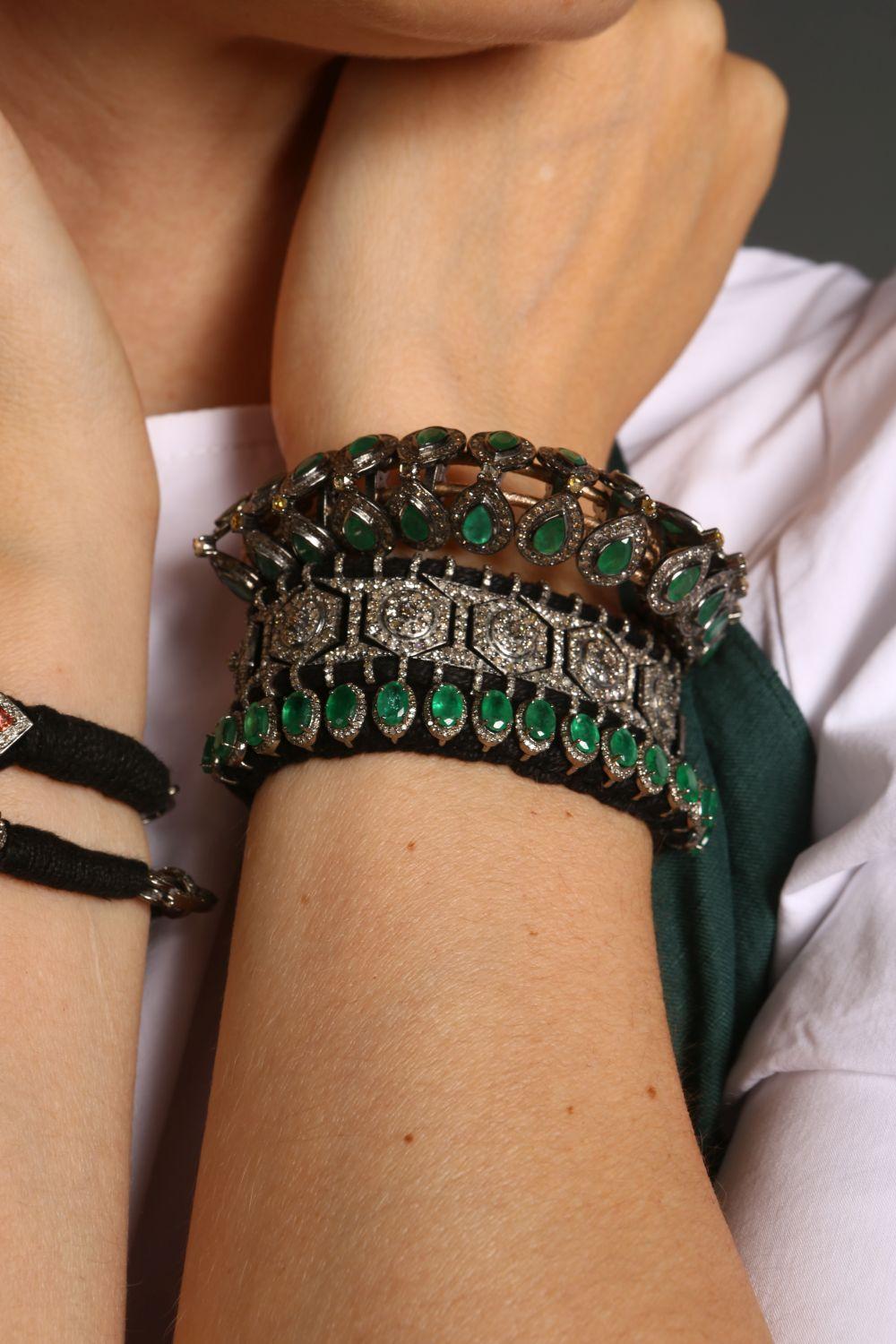 Single Cut Diamond & Emerald Bracelet on Cotton Cord & Silver