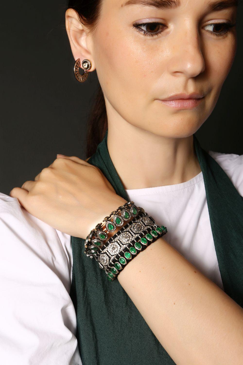 Diamond & Emerald Bracelet on Cotton Cord & Silver In New Condition In London, W1U 2JG