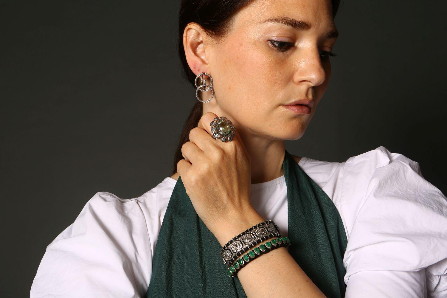 Diamond & Emerald Bracelet on Cotton Cord & Silver 2
