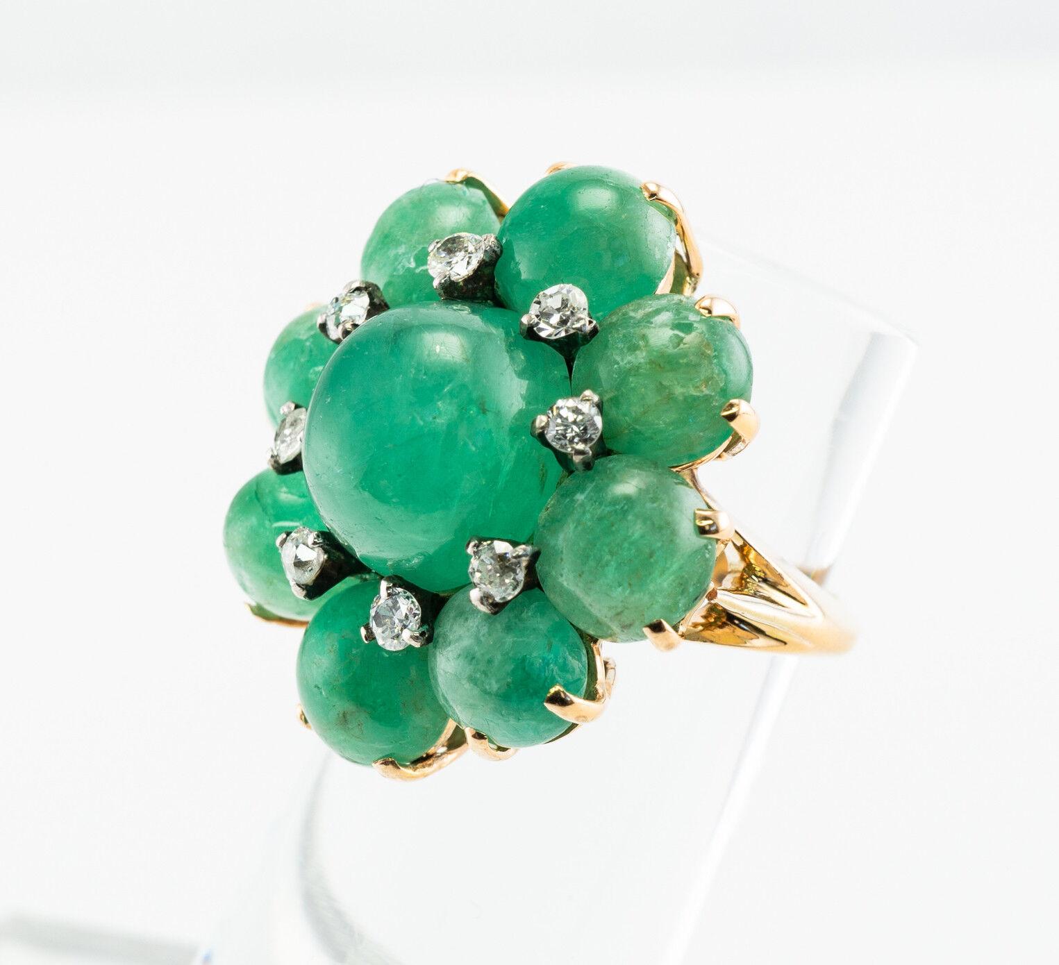 Diamond Emerald Cabochon Flower Ring 14K Gold Vintage For Sale 6