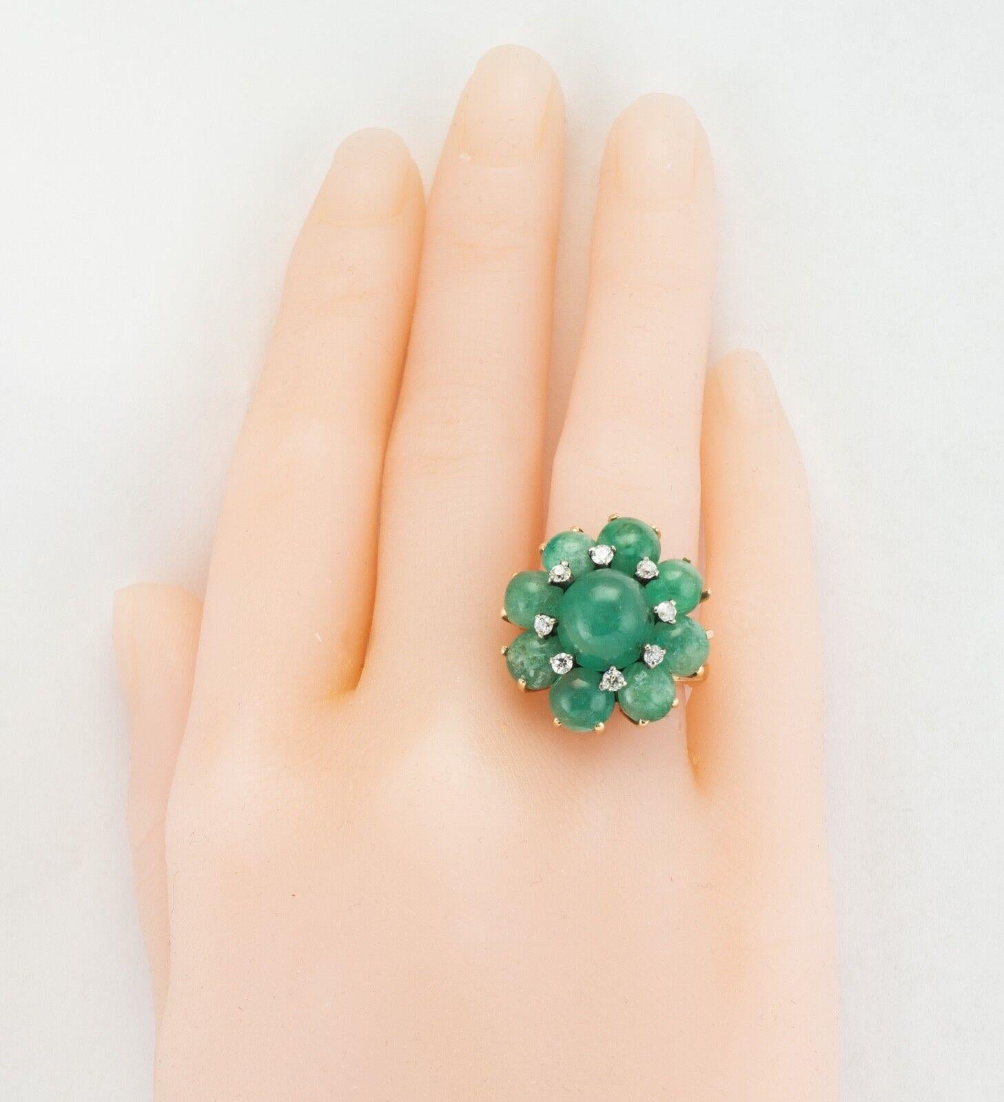 Diamond Emerald Cabochon Flower Ring 14K Gold Vintage For Sale 7