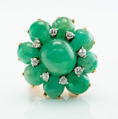 Diamond Emerald Cabochon Flower Ring 14K Gold Vintage