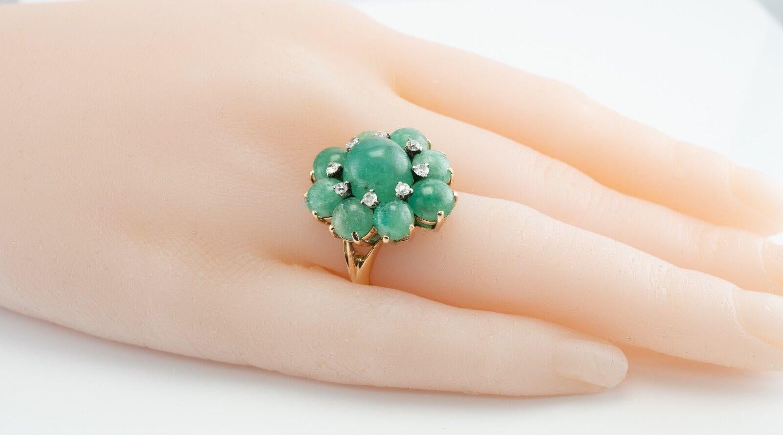 Women's Diamond Emerald Cabochon Flower Ring 14K Gold Vintage For Sale