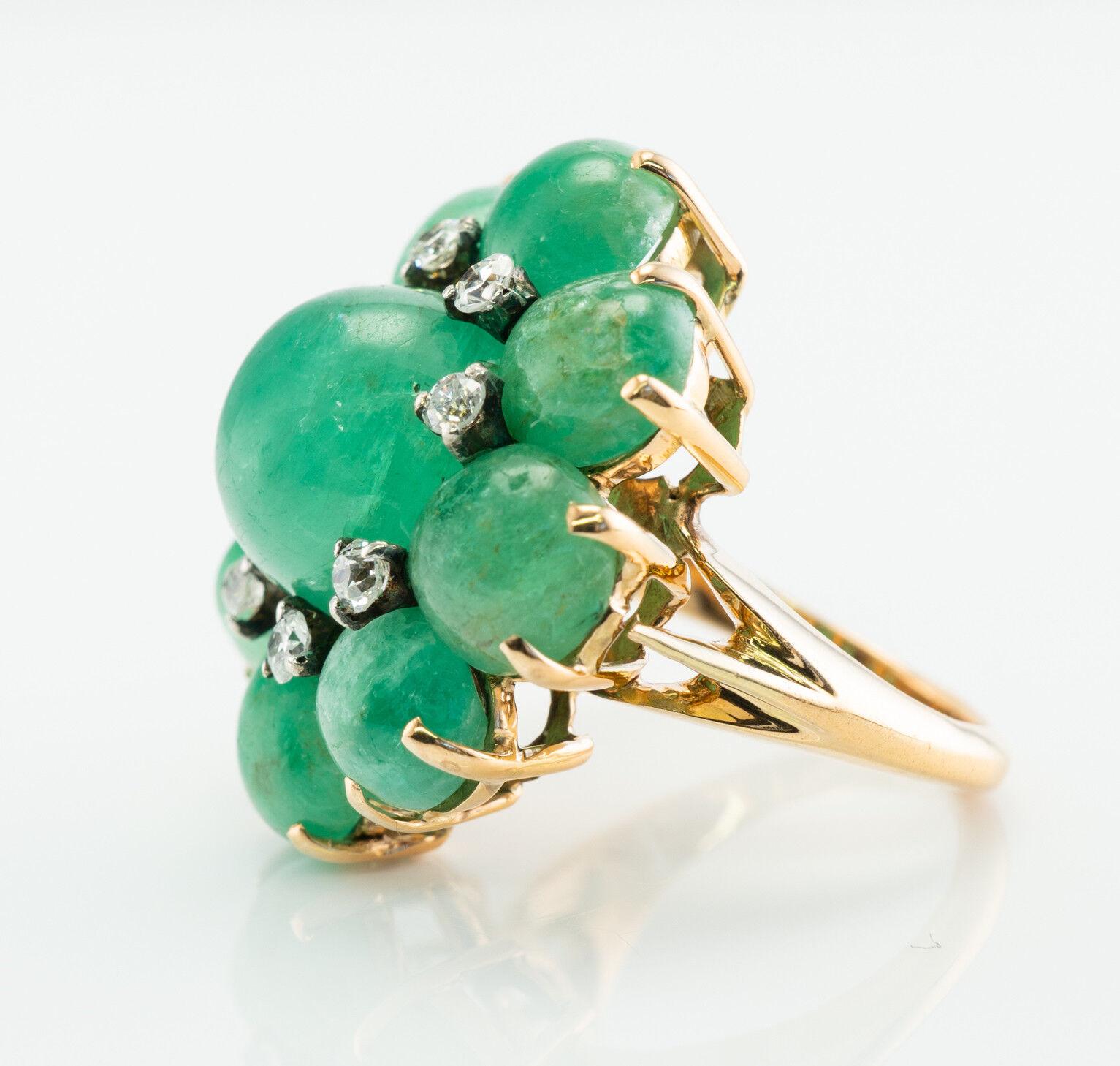 Diamond Emerald Cabochon Flower Ring 14K Gold Vintage For Sale 1
