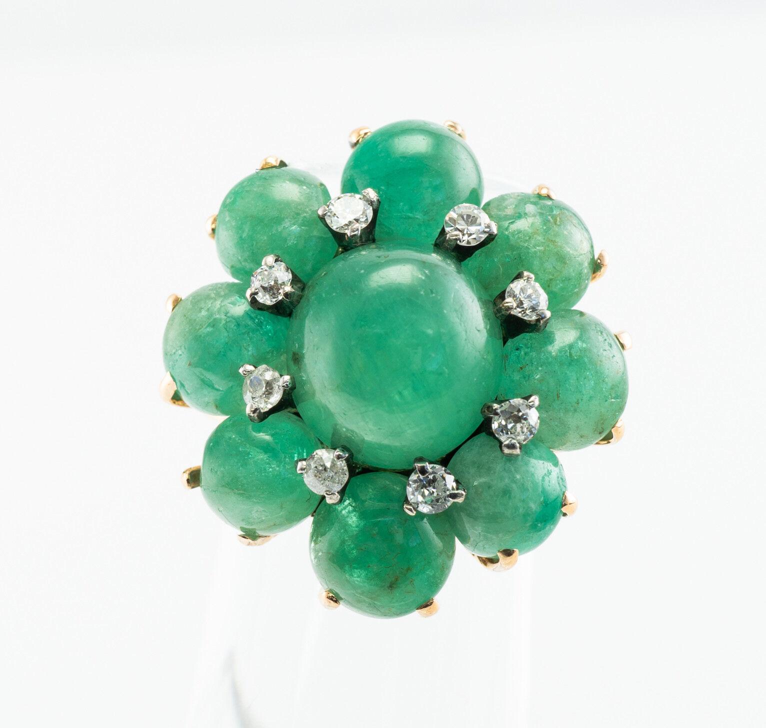 Diamond Emerald Cabochon Flower Ring 14K Gold Vintage For Sale 5
