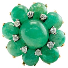 Diamond Emerald Cabochon Flower Ring 14K Gold Retro