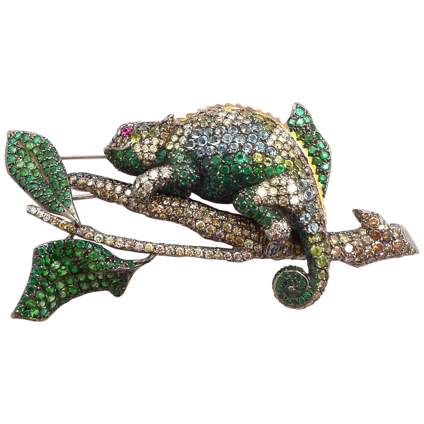 Diamond, Emerald Cameleon Brooch Set in Silver and 18 Karat Blackened Gold For Sale