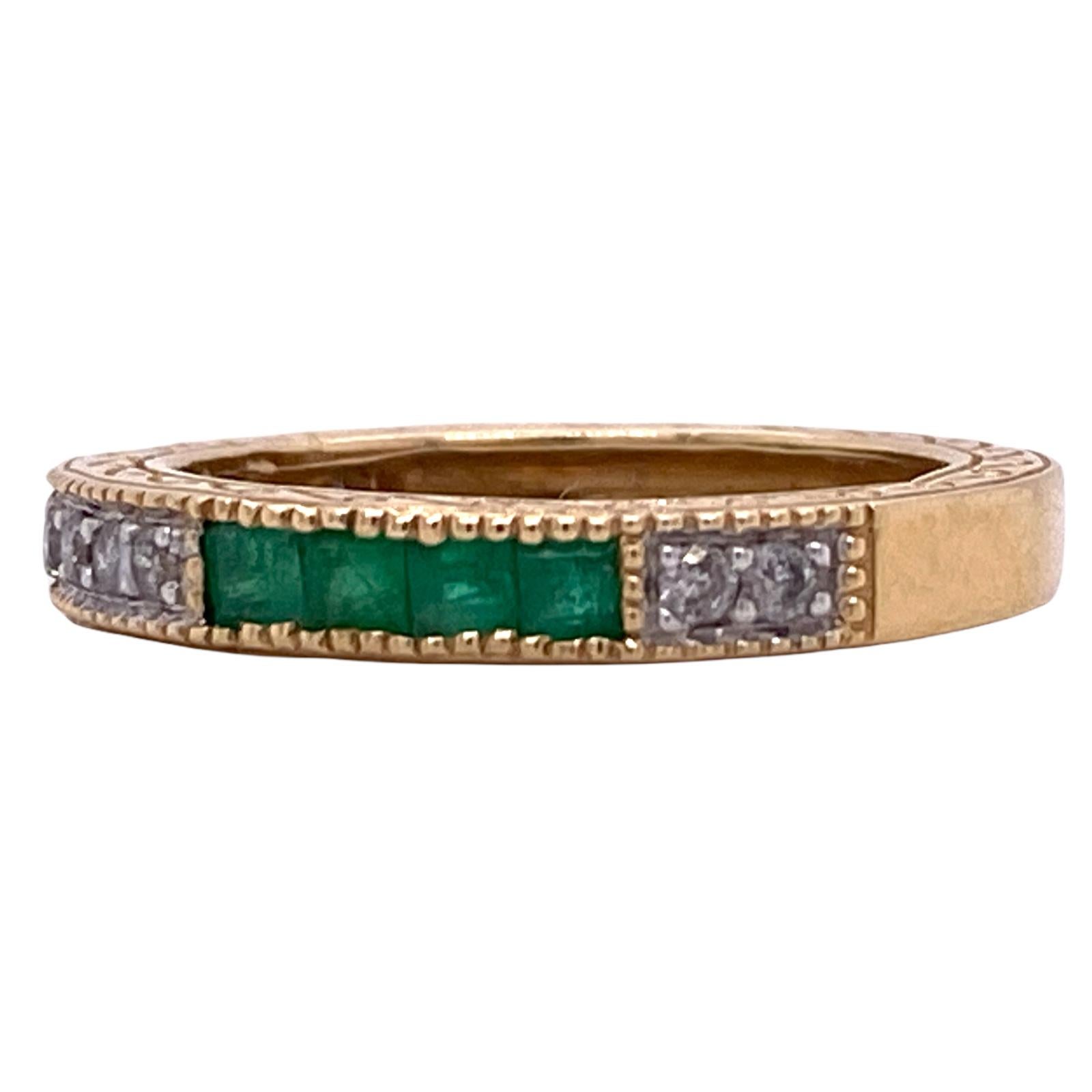 Diamond Emerald Channel Set 14 Karat Yellow Gold Eternity Band Ring In Excellent Condition In Boca Raton, FL