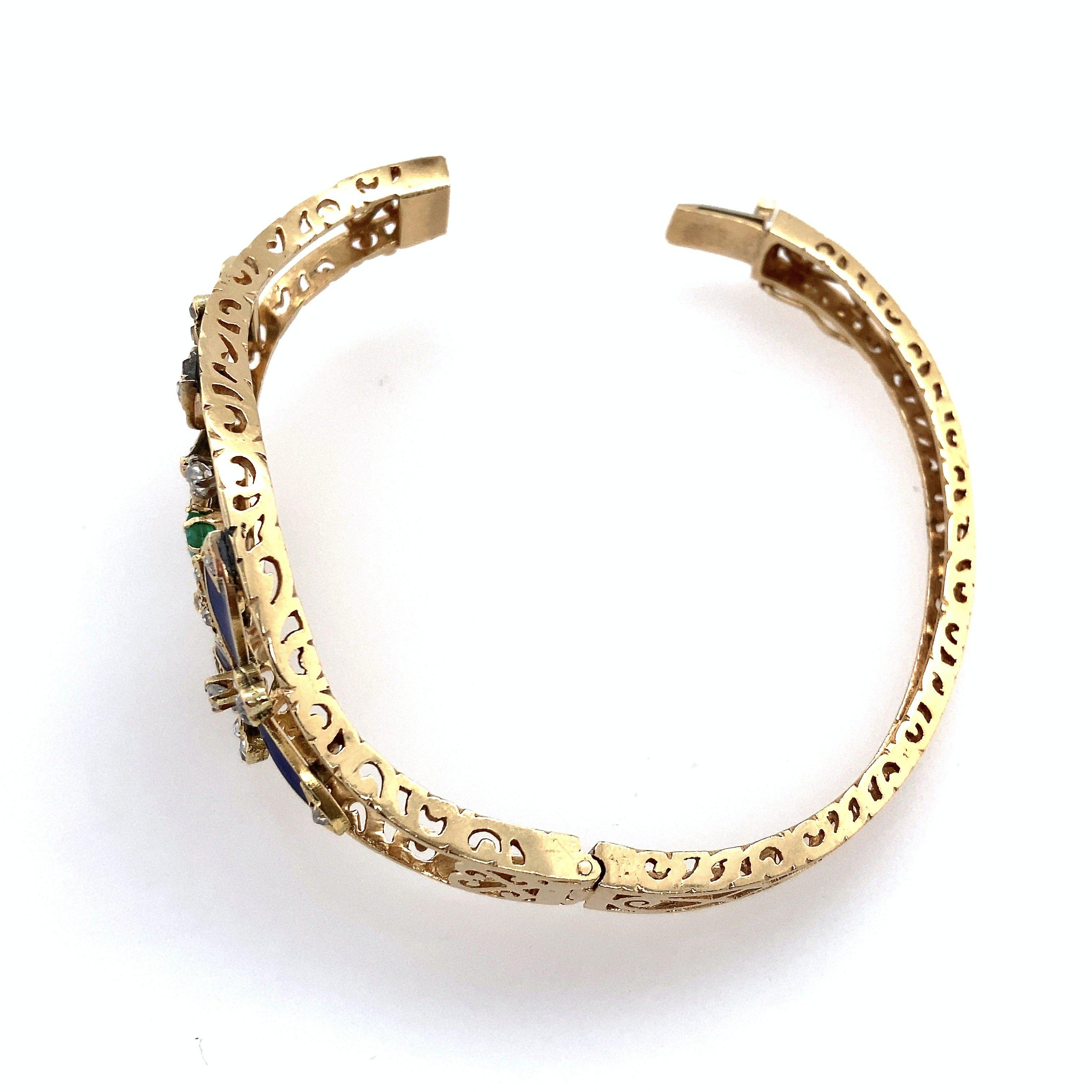 Bracelet jonc vintage en émail guilloché bleu cobalt avec diamants et émeraudes en vente 1