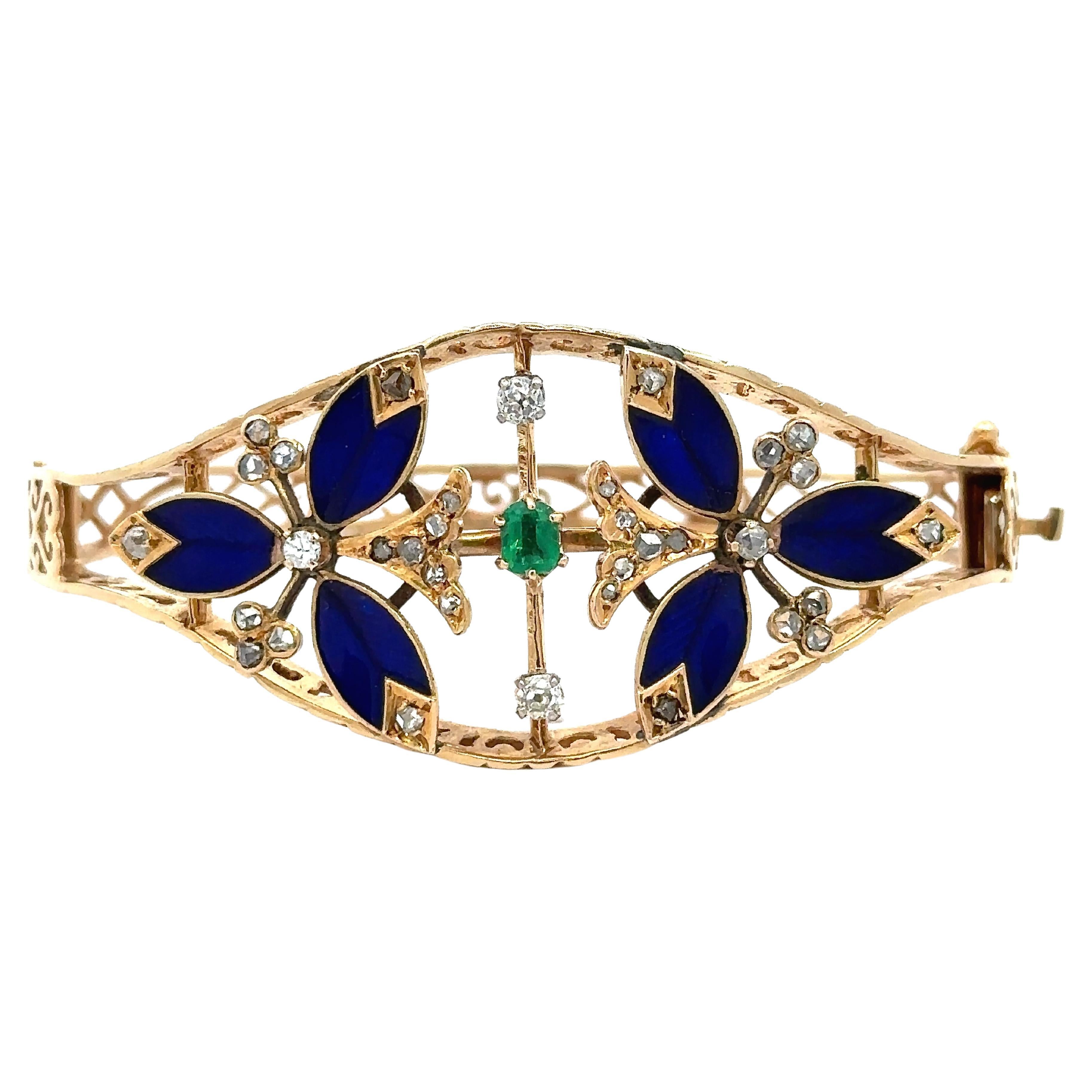 Diamond and Emerald Enamel Vintage Bangle Bracelet For Sale at 1stDibs