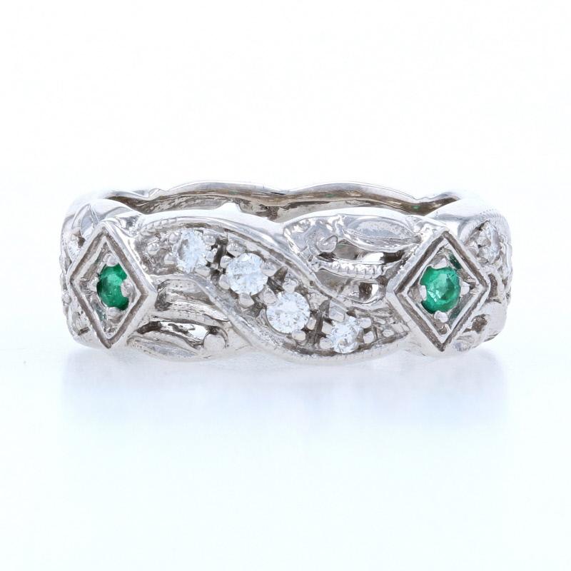 Uncut Diamond & Emerald Cocktail Band, 18k White Gold Anniversary 6 1/4 Ring .56ctw For Sale