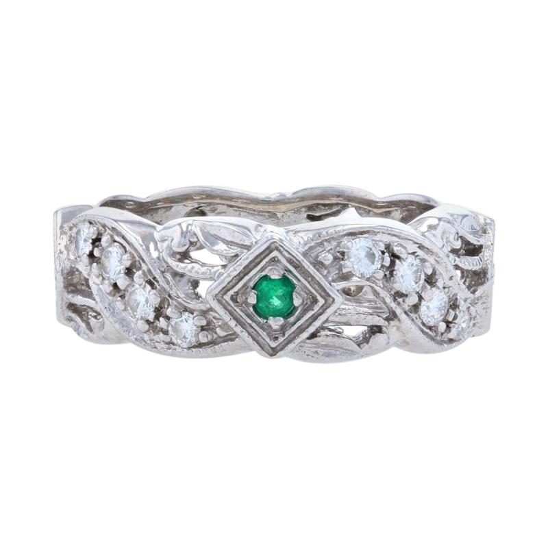 Diamond & Emerald Cocktail Band, 18k White Gold Anniversary 6 1/4 Ring .56ctw For Sale