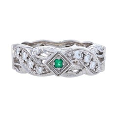 Vintage Diamond & Emerald Cocktail Band, 18k White Gold Anniversary 6 1/4 Ring .56ctw