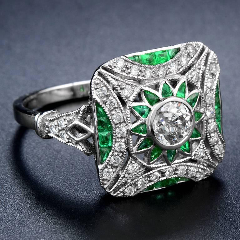 Art Deco Diamond Emerald Platinum Cocktail Ring