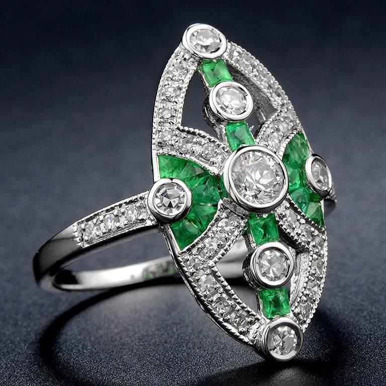 Art Deco Diamond Emerald Cocktail Ring