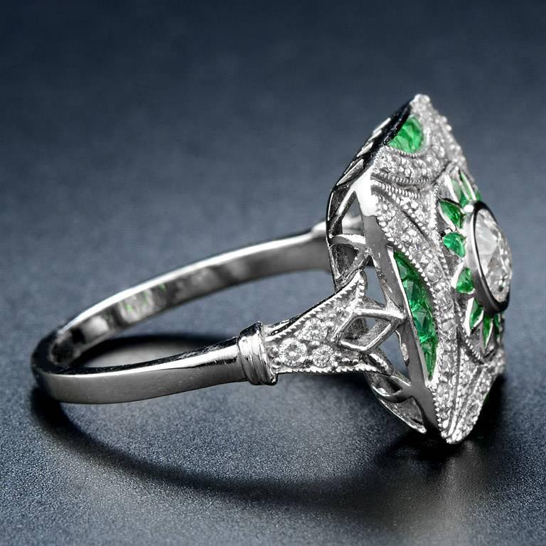 Round Cut Diamond Emerald Platinum Cocktail Ring