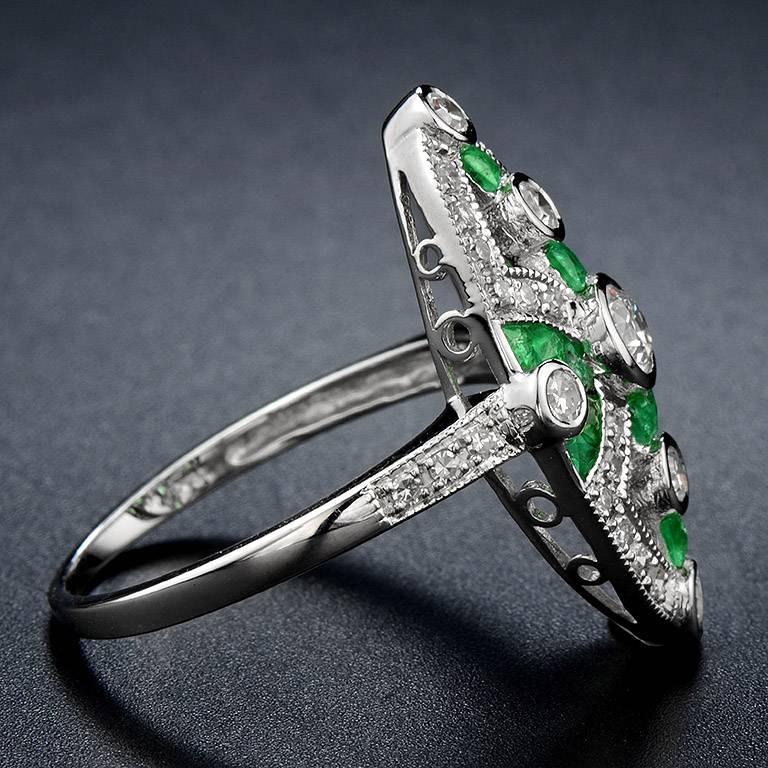 Round Cut Diamond Emerald Cocktail Ring